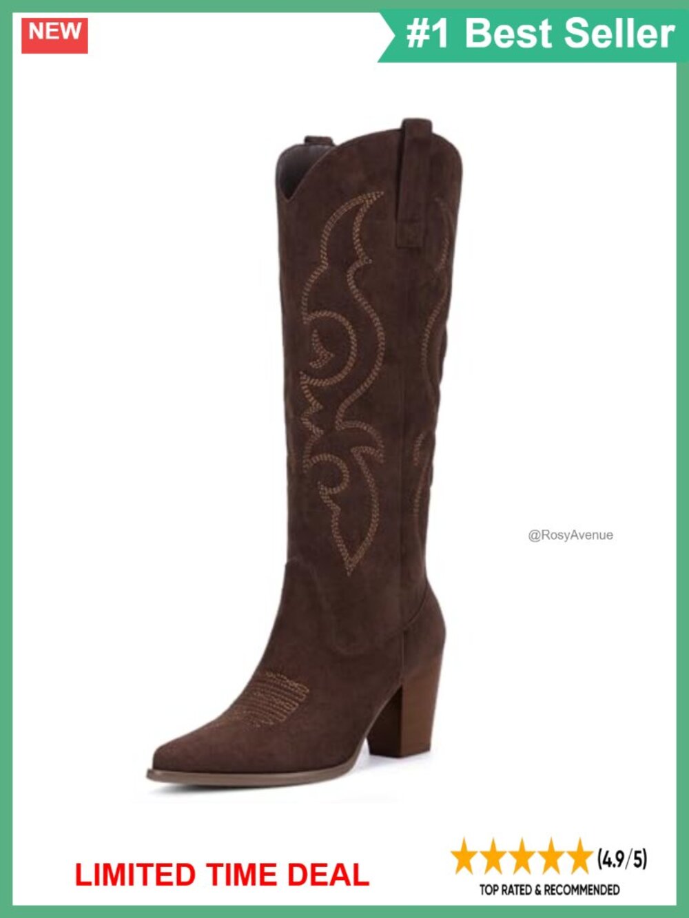 Suede Cowboy Boots Knee High Side Zipper Pointed Toe Block Heel